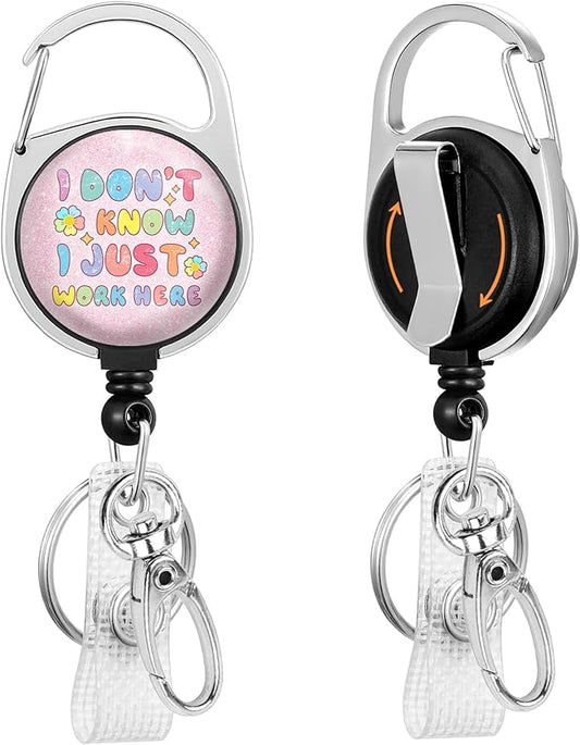 Gctriki Badge Reel Retractable Heavy Duty with 360° Swivel Carabiner Clip, I Don't Know I Just Work Here ID Badge Holder Retractable, Funny Nurse Teacher Work Gifts Keychain Name Badge Clip
