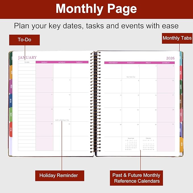 2026 Planner, Weekly and Monthly Calendar Planner Book,Dec 2025 - Dec 2026, Leather Hardcover Spiral Planner with Monthly Tabs, Notes Pages, Perfect for Women & Men, A4 (9.6" x 11.2") - Rust Brown