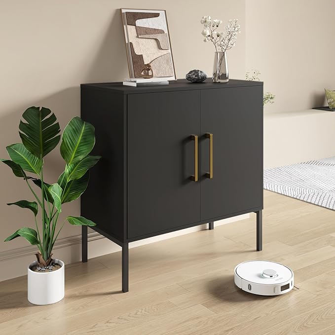 LYNSOM Storage Cabinet with Doors and Shelves, Free Standing Office Cabinet, Modern Wood Buffet Sideboard for Kitchen, Living Room, Bedroom, Hallway, Black