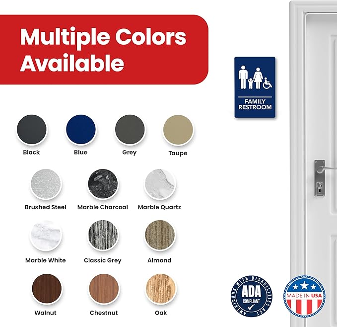 Promot Family Restroom Sign – ADA Braille Bathroom Sign for Business, Self-Adhesive, 9" x 6", Commercial Door Signage, Office Wall Decor - Blue