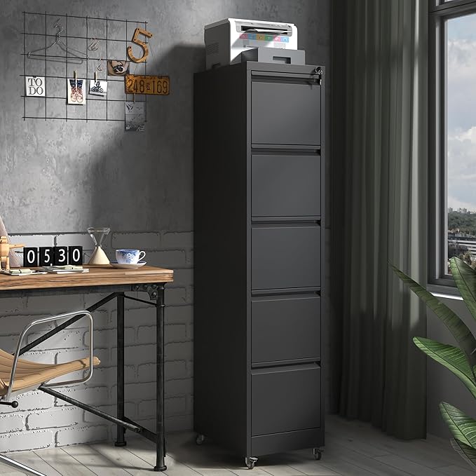 5 Drawer Locking File Cabinet with Wheels,Metal Mobile Filing Cabinets,Black Vertical File Cabinet for Home Office,Heavy Duty Storage Cabinet for A4/Letter/Legal Size File,Assembly Required