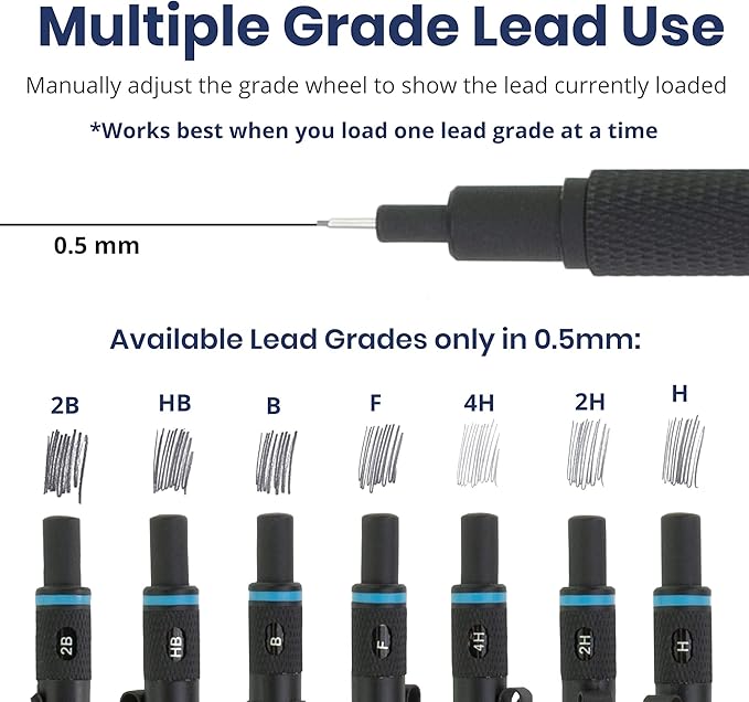 Pacific Arc Chromagraph Metal Mechanical Pencil .5 mm Black Barrel Mechanical Pencil with Built In Lead Pencil Grade Indicator, Lead Pencil Holder for Drafting, Sketching, and Drawing