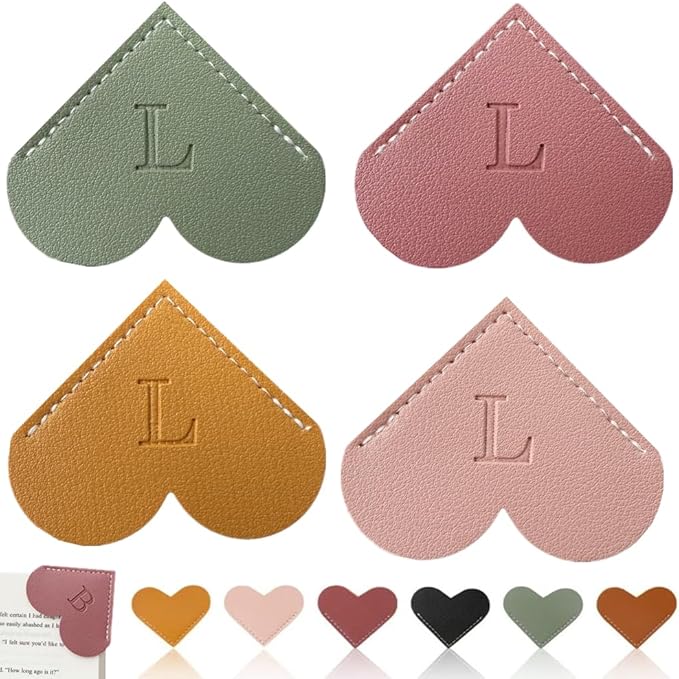 Personalized Leather Heart Bookmark, 26 Letters Customized Corner Book Mark for Reading Women, Book Marker with Initials，Cute Gifts (Light Pink+Deep Pink+Green+Light Brown, L)