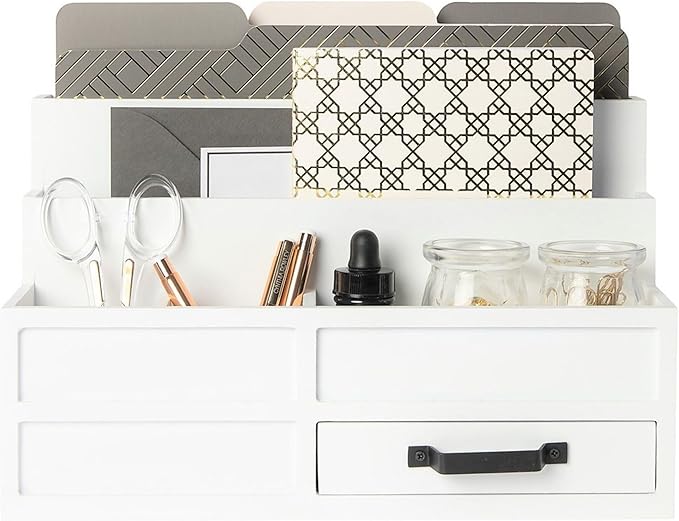 BLU MONACO White Desktop Organizer with Drawer – Paper Wood Bill & Mail Organizer for Office Desk, Countertop & Workspace Storage