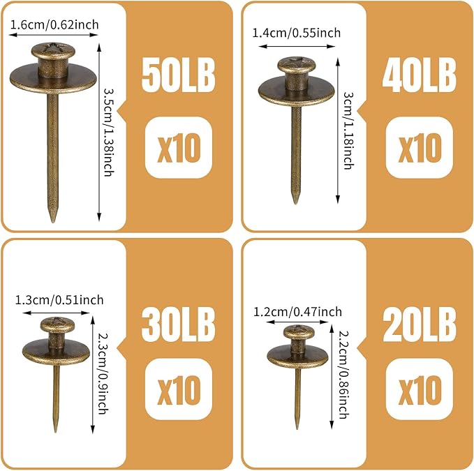 Zhengmy 40 Pcs Double Headed Picture Hangers Nails 4 Size Long Thumb Tacks Wall Nails for Hanging Pictures Decorative Push Pins Hooks for Drywall Photo Office Home Decor, 20/30/ 40/ 50lb(Bronze)