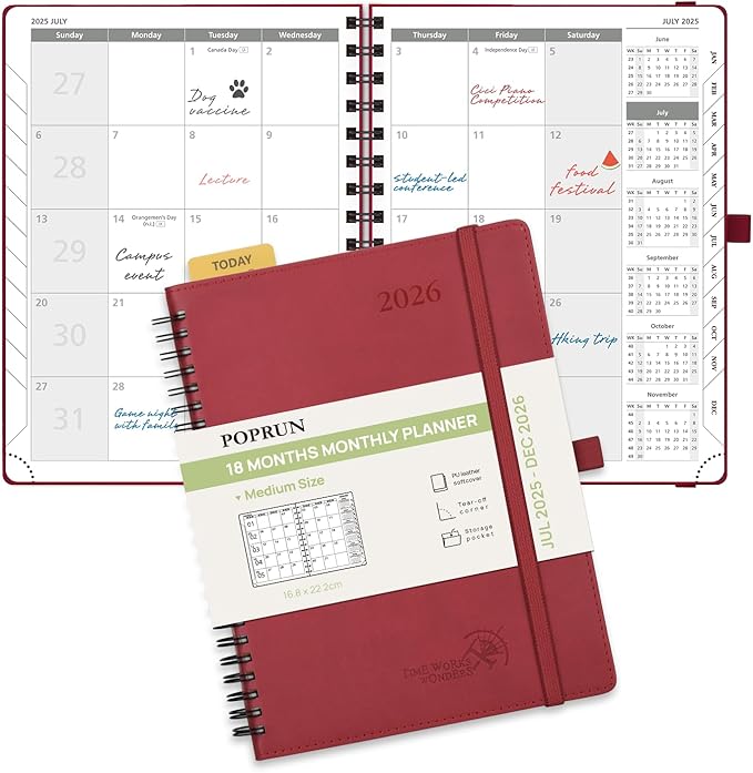 POPRUN Monthly Planner 2025-2026 Spiral Bound (6.5" x 8.5") 18 Months Calendar (Jul 2025 - Dec 2026) - 4 Pages per Month with Monthly Expense & Notes, Sunday Start, Leather Cover - Burgundy