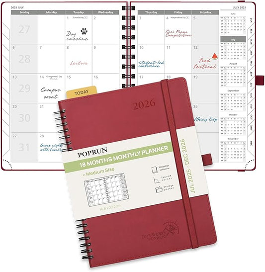 POPRUN Monthly Planner 2025-2026 Spiral Bound (6.5" x 8.5") 18 Months Calendar (Jul 2025 - Dec 2026) - 4 Pages per Month with Monthly Expense & Notes, Sunday Start, Leather Cover - Burgundy