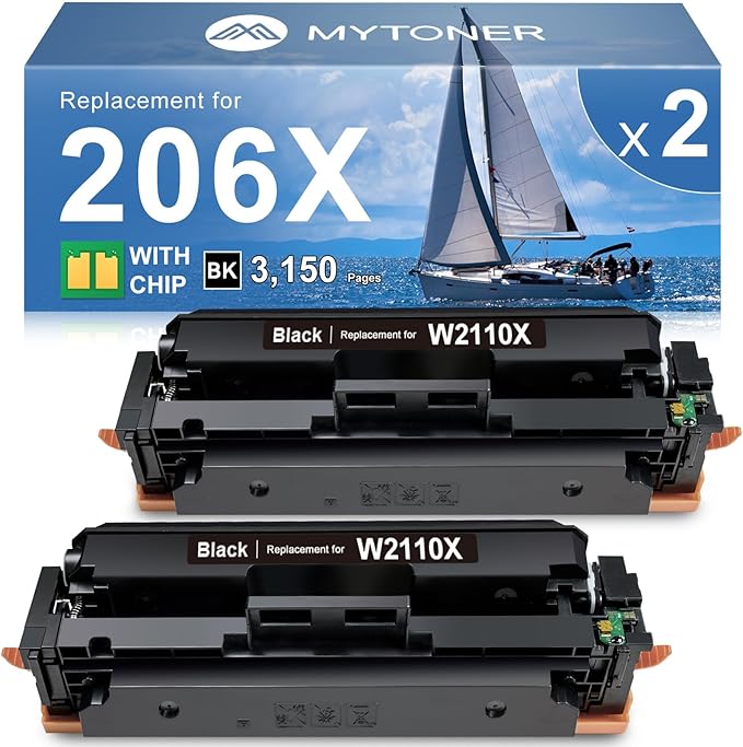 MYTONER 206X Black High Yield Toner Cartridge (with Chip) Compatible Replacement for HP 206X 206A W2110X W2110A for Color Pro MFP M283fdw M283cdw Pro M255dw M255nw M283 M255 M282 Printer (2 Pack)