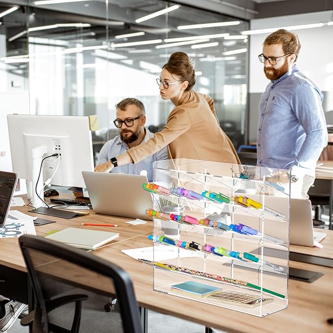 Acrylic Pen Organizer Storage for 250 Markers Vertical Marker Organizer Acrylic Pen Display Holder for Office Desk Desktop Stationery Pencil Storage, Clear, 13 x 4 x 12.4 Inch