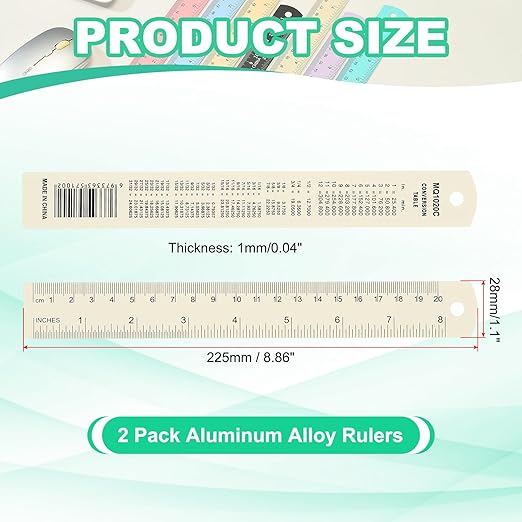 PATIKIL 20cm/8" Metal Ruler, 2 Pack Aluminum Alloy Rulers with Centimeters, Millimeters, Inches and Conversion Table Straight Edge Ruler for Writing Machinist Drafting, White