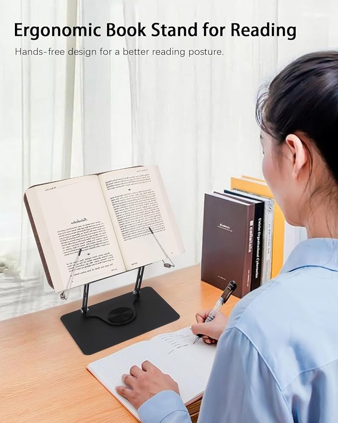 Honagu Book Stand for Reading, Adjustable Book Holder with 360 Degree Rotating Base & Page Clips, Hands Free Foldable Desktop Cookbook Stand for Sheet Music, Laptop, Recipe, Textbook (Brown Wood)