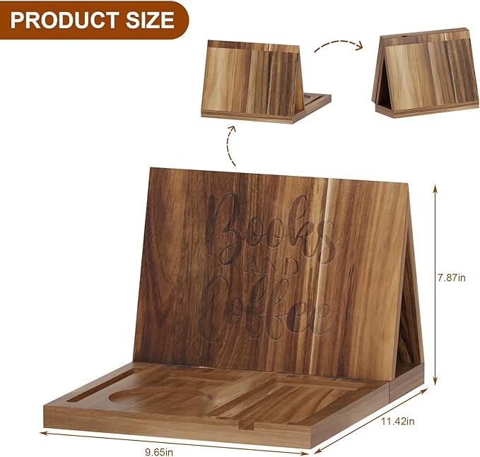 Wooden Triangle Book Stand Holder for Page Rest, Acacia Foldable Nook Reading Valet with Cup,Pen, Glasses and Phone Holder for Bedroom Nightstand Office,Book Lover Gifts for Readers (Acacia)