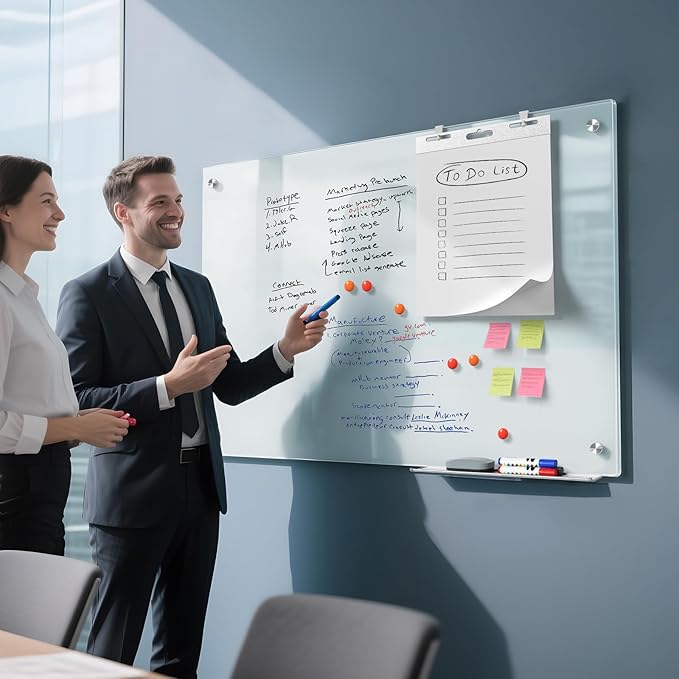 MaxGear Glass White Boards 48x30 Inches, Wall Mounted Magnetic Glass Dry Erase Board, Large Frameless Whiteboard with 1 Eraser,3 Markers and 6 Magnets for Office, School, Home