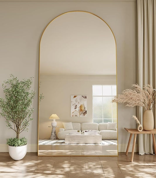 Oversized Full Body Mirror 35x78 inch Arched Full Length Mirror with Stand Aluminum Wall Mounted Hanging or Leaning Standing Mirrors,Gold