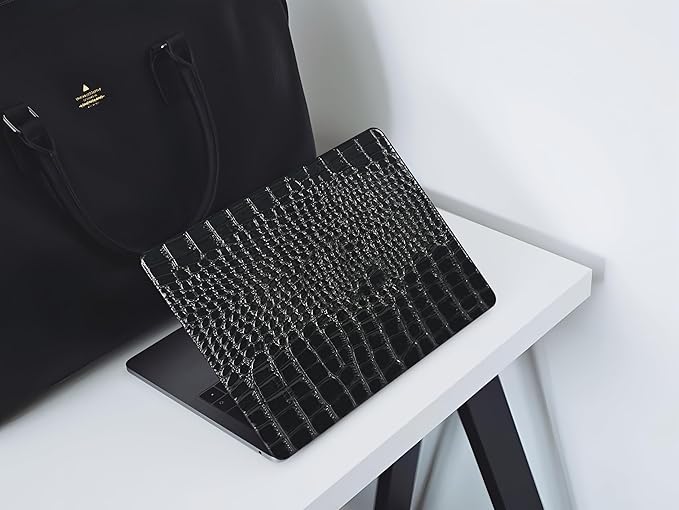 KEROM Compatible with Crocodile MacBook Air 13 inch Case 2021 2020 2019 2018 M1 A2337 A2179 A1932, Textured Elegant Luxury Aligator Skin Snakeskin PU Leather Hard Shell & Keyboard Cover, Shiny Black