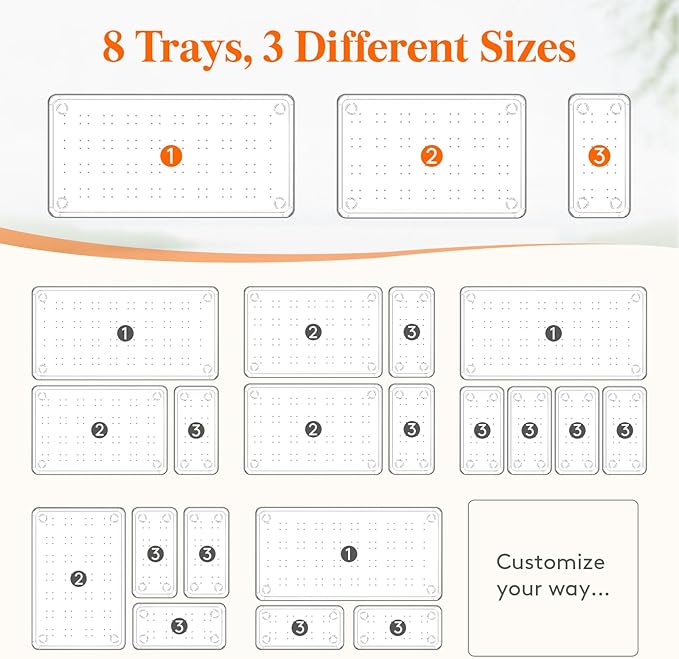 Lifewit 8 Pcs Large Bathroom Drawer Organizers, 3 Sizes Clear Plastic Storage Organizer Trays for Make Up, Kitchen Utensils, Vanity Accessories in Bathroom/Office/Dresser Organization