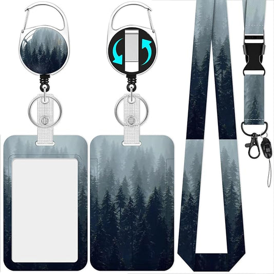 Misty Forest Badge Holder Reel Lanyard,ID Card Badge Holder Retractable Name Tag Clips for Doctor Nurse Teacher Office Student