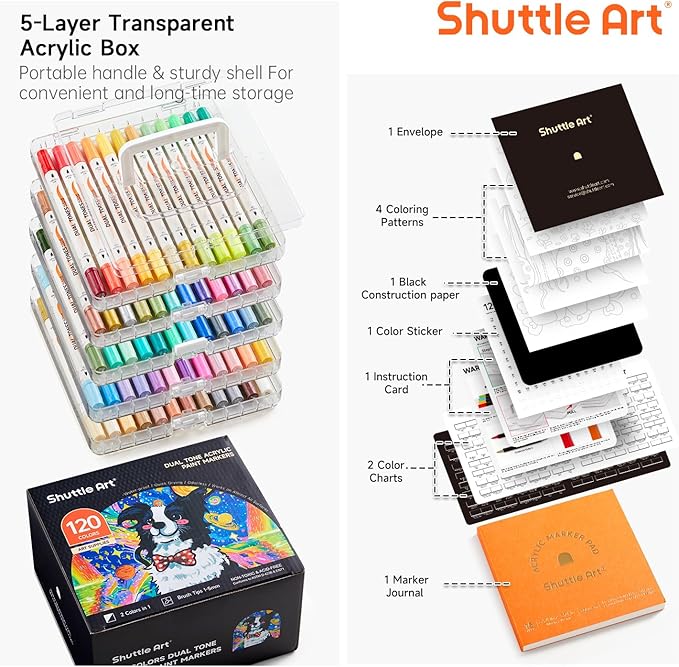 Shuttle Art 60 Pack Dual Tone Acrylic Paint Markers, 120 Colors Acrylic Paint Pens for Rock Painting, Ceramic, Wood, Canvas, Glass, Stone, Fabric, Card Making, DIY & Art Supplies