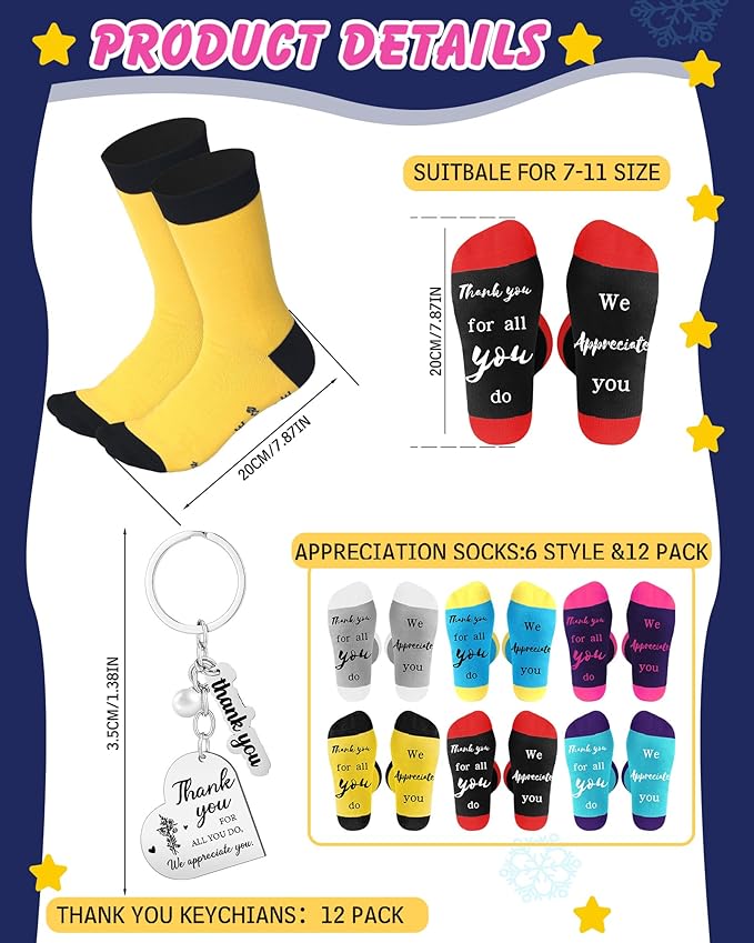 24 Pcs Employee Appreciation Gifts Thank You for All You Do Socks Stainless Steel Keychains for Staff Coworker Team