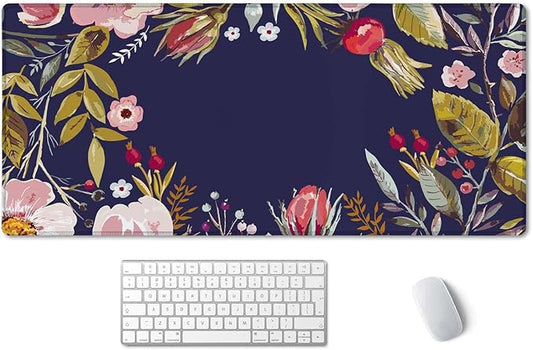 SSOIU Floral Wreath Mouse Pad 35.5 X 15.7 Inch XXL Romantic Flowers Full Desk Mousepad Extended Large Non-Slip Rubber Base Waterproof Big Keyboard Mat with Stitched Edges for Gaming and Office