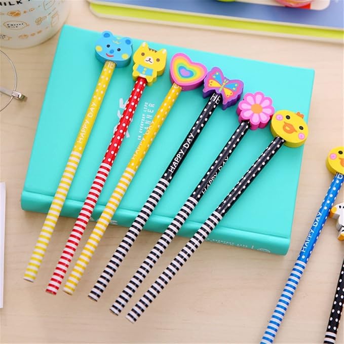 Yansanido Pack of 20 Colorful 7.28 Inch Length Random Cartoon Eraser Pencils, Cute Pencils for Office, School Supplies Students Children Gift (20)