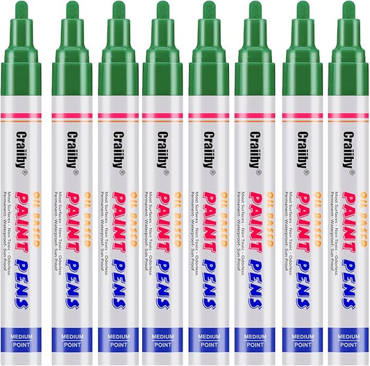 Green Paint Markers, 8 Pack Oil-Based Waterproof Quick Dry Permanent Paint Pen Set for Rocks Painting, Wood, Fabric, Plastic, Canvas, Glass, Mugs, Metal, Tire, Stone, DIY Craft