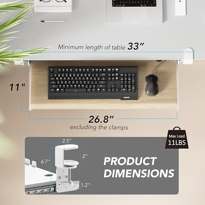 Keyboard Tray Under Desk Pull Out with Extra Sturdy C Clamp Mount System, 27.3 (32.5 inch Including Clamps) x 11 Inch Slide-Out Platform Computer Drawer for Typing Grain AX01WG01