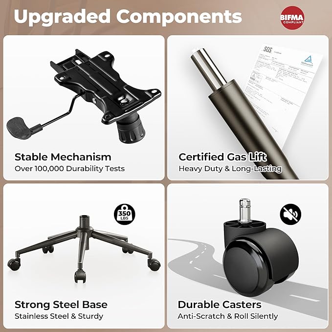 ovios Ergonomic Home Office Chair, Mid-Century Modern Faux Leather Chairs with Padded Armrests, Comfy High Back Swivel Rolling Executive Computer Armchair (Dark Brown, Suede Leather)