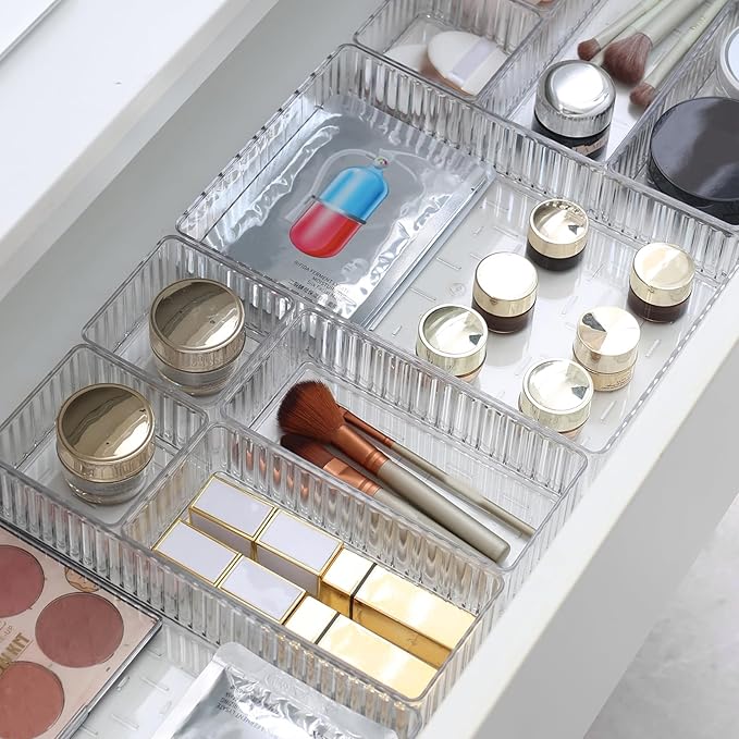 10 Pcs Clear Drawer Organizers, 3 Sizes Stackable Makeup Vanity Drawer Organizer Trays, Dresser Bathroom Desk Drawer Organizers Storage Bins Tray for Jewelry Makeup