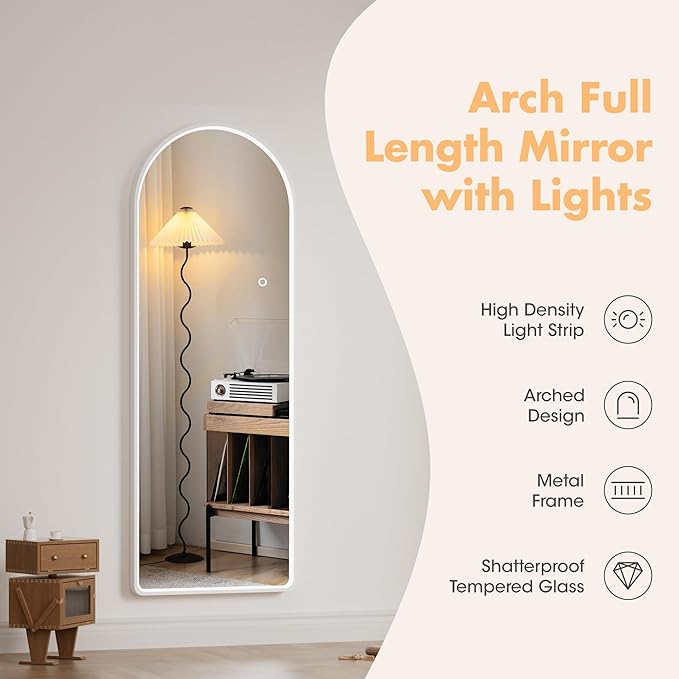 Hasipu 55" X 18" Full Length Mirror with Lights, White Frame Arch Led Mirror Full Length and 3 Colors Temperatures & Brightness Adjustable,Light Up Mirror Full Body for Bedroom Cloakroom Living Room
