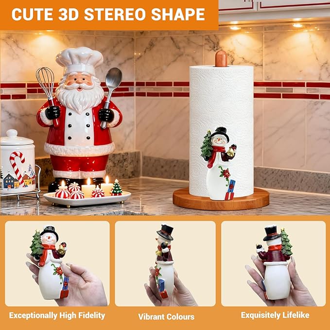 GAJ Christmas Decorations Paper Towel Holder Countertop, 3D Snowman Kitchen Counter Decor, Cute Resin Wooden Stand for Bathroom & Home Indoor Table, Winter Xmas Gift for Women, Housewarming Gifts