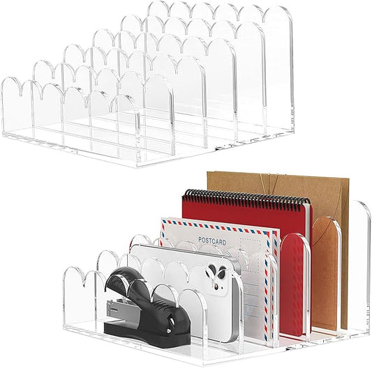 YAGELI 2 Pack 5-Slot Acrylic Mail Organizer for Desktop – Scalloped Clear Document Sorter, Vertical File Holder for Office/Home, Space-Saving Desk Organizer for Letters, Bills, Stationery