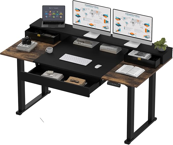 SANODESK Electric Standing Desk with 2 Drawers, 71 x 32 inch Height Adjustable Computer Desk, Home Office Stand Up Desk with 4 Preset Heights, Dark Walnut