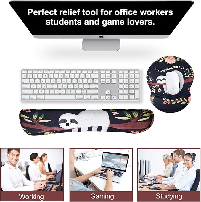 ArtSo Upgraded Wrist Rest Support for Mouse Pad & Keyboard, Ergonomic Gel Mousepad Non-Slip Rubber Base Home,Office Pain Relief, Easy Typing Cushion with Neoprene Cloth, Soft Memory Foam, Cute Sloth