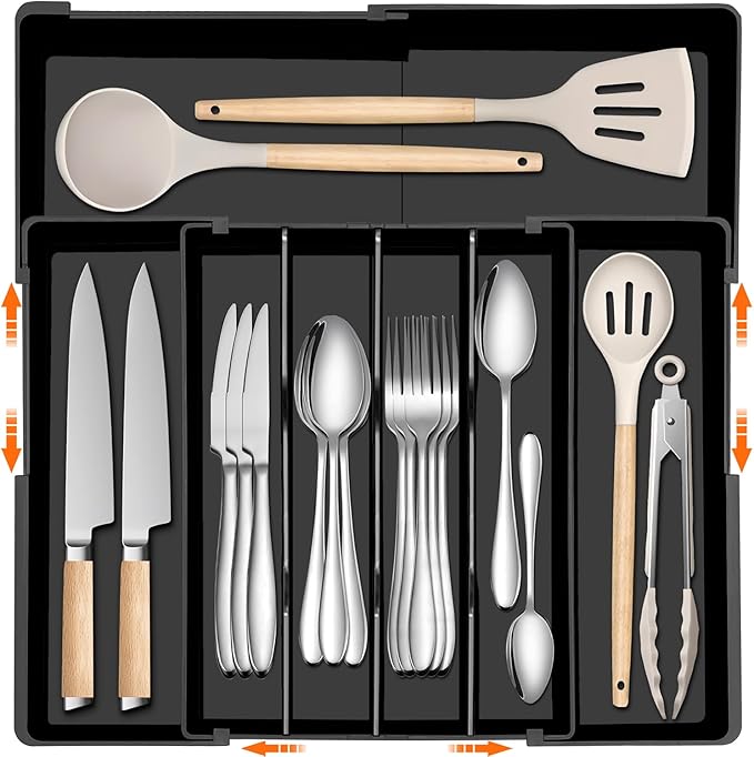 Silverware Organizer - Expandable Kitchen Drawer Organizer, Adjustable Silverware Drawer Organizer, Plastic Cutlery Tray for Forks, Knives, Kitchen Drawer Organizers and Storage, Black