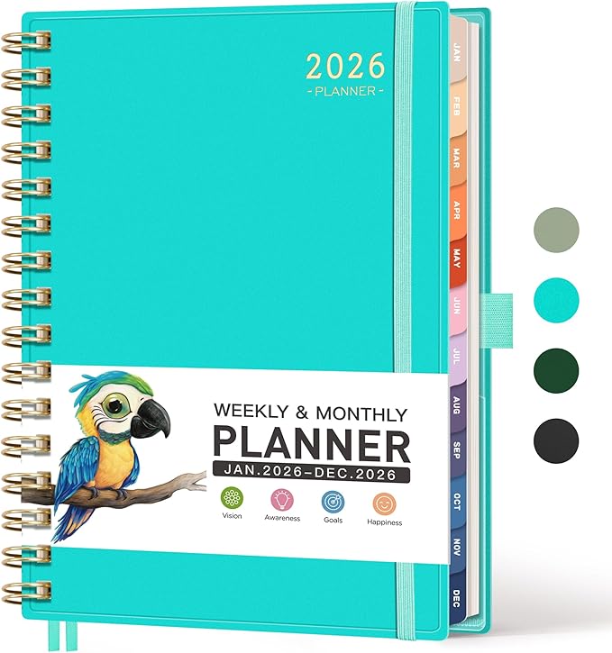 RETTACY 2026 Planner, Weekly and Monthly, Medium Size (5.7" x 8.3"), Jan - Dec 2026, Agenda, Calendar, 12 Month Tabs, Flexible Plastic Cover, 100 GSM Thick Paper, Spiral-bound (Tiffani Blue)