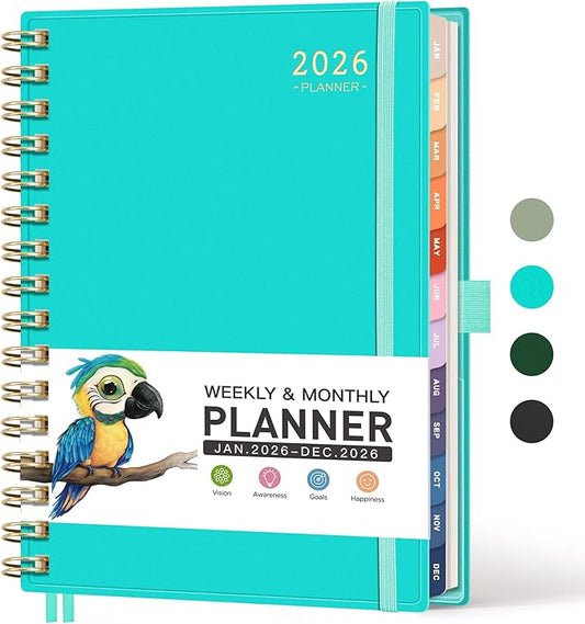 RETTACY 2026 Planner, Weekly and Monthly, Medium Size (5.7" x 8.3"), Jan - Dec 2026, Agenda, Calendar, 12 Month Tabs, Flexible Plastic Cover, 100 GSM Thick Paper, Spiral-bound (Tiffani Blue)