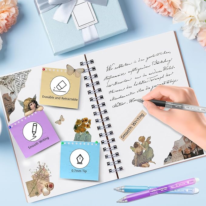 Erasable Gel Pen 12 Colors, Retractable Clicker 0.7mm Fine Point, Assorted Colors Inks, Make Mistakes Disappear, Erasable Gel Pens Perfect for Writing, Drawing & Planners