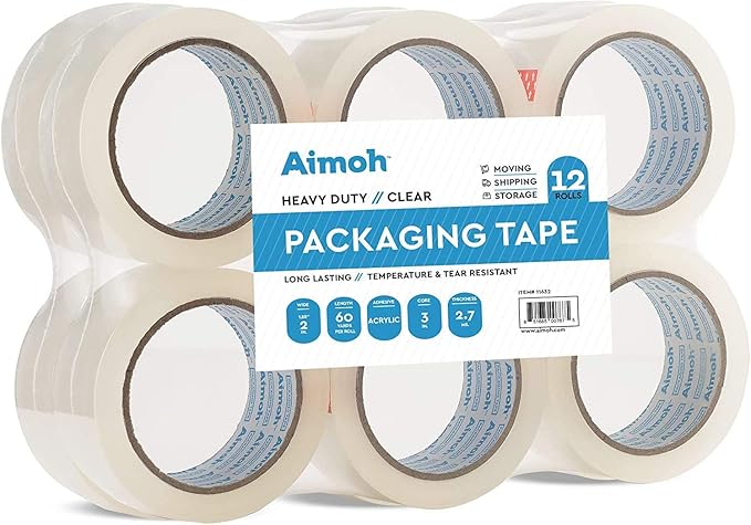 Aimoh 36 Rolls Heavy Duty Clear Packing Tape -Acrylic Adhesive- 2.7mil Ultra Strong Commercial Grade- Size 1.88 x 60 Yard- 3 Inch Core- Refill - 36 Rolls (11631-36)