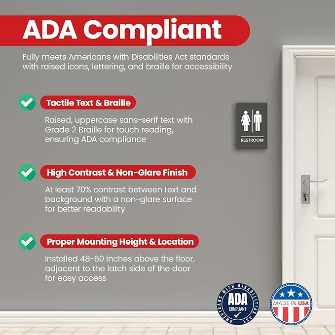 Promot Unisex Bathroom Sign – ADA Braille Restroom Sign for Business, Self-Adhesive, 9" x 6", Commercial Door Signage, Office Wall Decor - Gray