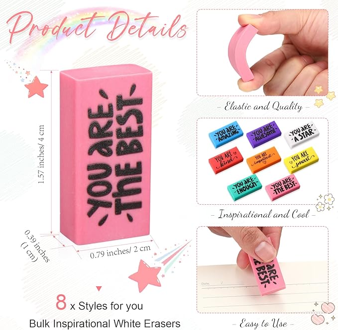 PerKoop 50 Pcs Inspirational Erasers Bulk Back to School Gifts Colorful Motivational Pencil Erasers for Kids First Day of School Favors for Students Teachers Classroom Office Supplies