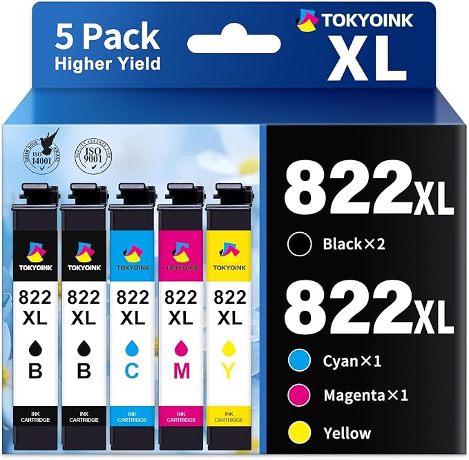822XL Remanufactured Replacement for Epson 822XL Ink Cartridges Combo Pack 822 822 XL T822XL Ink for Workforce Pro WF-3820 WF-4830 WF-4820 WF-4830 WF-4833 WF-4834 Printer (5 Pack)