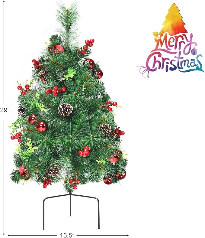Happygrill Set of 2 29 inch Outdoor Pathway Christmas Trees, Pre-Lit Christmas Trees with 30 LED Lights, 8 Light Modes, Porch Christmas Trees for Holiday Decoration