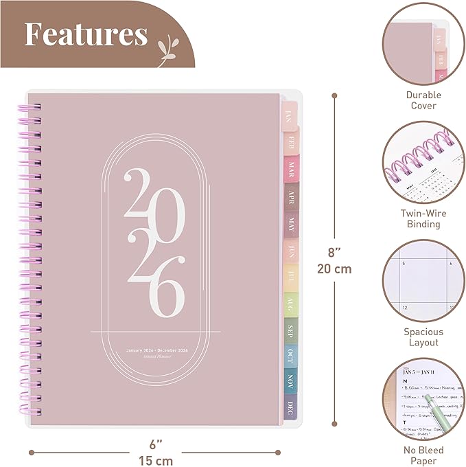 Rileys 2026 Planner, Agenda Planner With Weekly And Monthly View, Daily Agenda Book And Yearly Planners Calendar Book, Spiral Bound With Tabs, Notes, Goals And Holidays (Pink, 8 x 6 in)