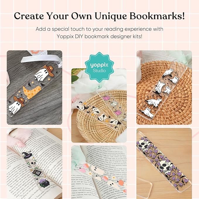 YOPPIX 180 Pcs Acrylic Bookmark Blanks- 20 Set Bookmark Making Kit with 20 UV DTF Stickers About Halloween Theme 20 Tassels 20 Ribbon 80 Bookish Stickers for DIY Your Crafts Gift for Book Lover