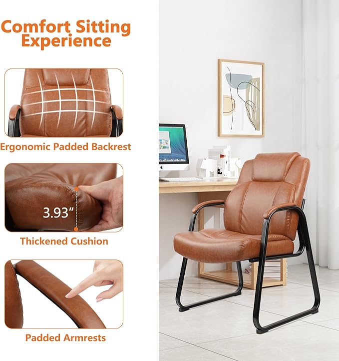 CLATINA Big & Tall 500 lb. Guest Chair, PU Leather Office Reception Chairs with Sled Base, Desk Chair No Wheels for Waiting Room Conference Lobby Computer Living Room, Brown