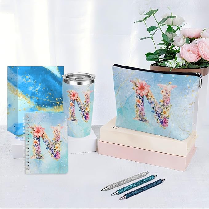 Personalized Gifts Monogrammed Birthday Gifts for Women, Colleague, Female Farewell Christmas, Initial 20 oz Tumbler, Makeup Cosmetic Bag Cup Pens Journal Notebook 6 Set, (Aesthetic Blue Flower N)