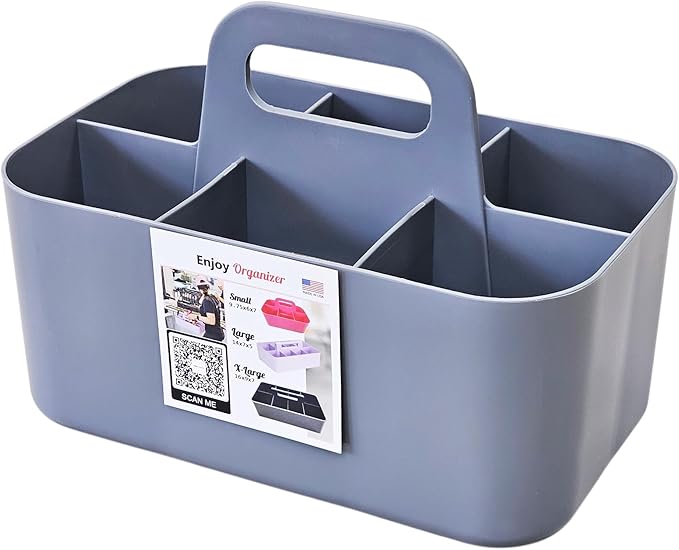 2 Pack Small 6 Compartment Multiuse Caddy Organizer with Handle Art Craft Supplies, Office, Desk, Stationery Pen Holder Stackable- Made In USA (Mint/Gray)