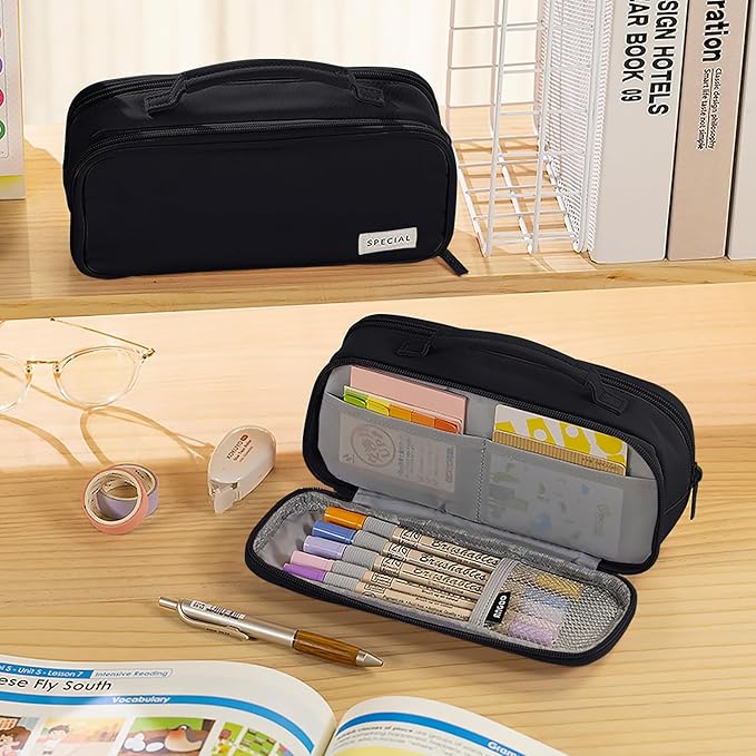 MAMUNU Pencil Case Large Capacity with 3 Compartments, Pencil Case Pouch Bag with Zipper Handle Portable Pen Stationery Organizer for Teen Girls Boys Adults College School Office Travel, Black
