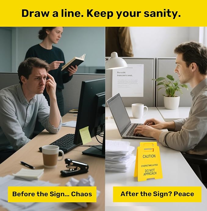 Caution Overstimulated Desk Sign, Funny Office Desk Decor for Work, Gag Sarcastic Gifts for Coworkers Teammates Employees Boss Women, Over Stimulated Do Not Approach Mini Caution Signs, Cubicle Decor Accessories, Funny Office Decorations